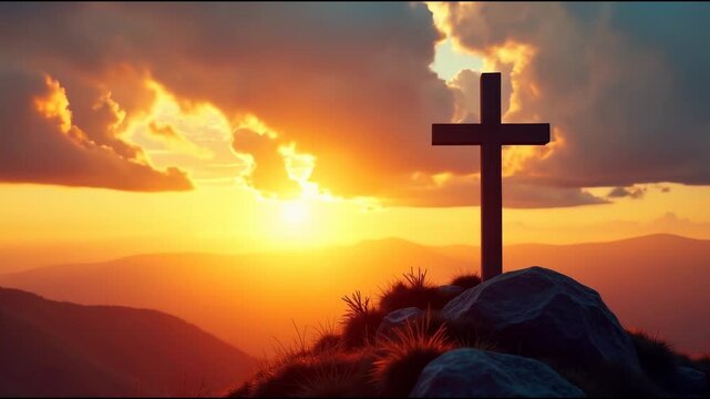 A cross on top of a mountain with a beautiful sunset in the background