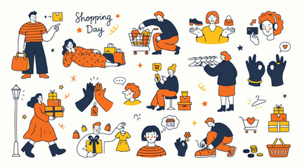 Fototapeta premium Shopping Day doodle vector set, flat consumer characters with bags and boxes, retail commerce illustrations for marketing