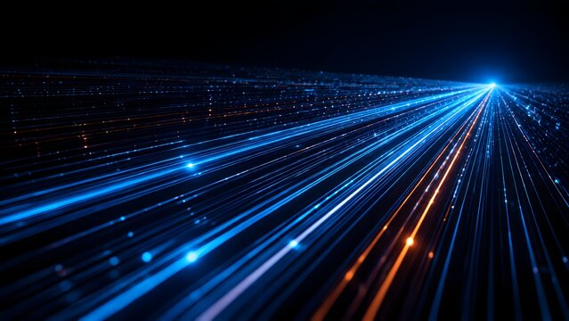 Fiber optic data stream with glowing blue and orange network lines converging in digital cyberspace representing high speed internet connection