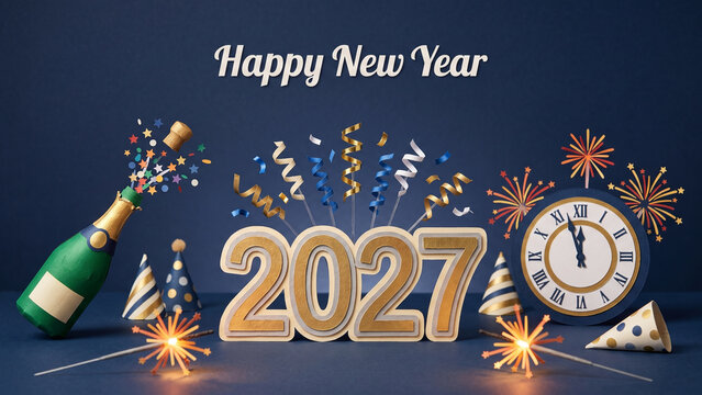 Festive New Year 2027 celebration featuring a champagne bottle, party hats, clock hitting midnight, and sparklers on a blue background.