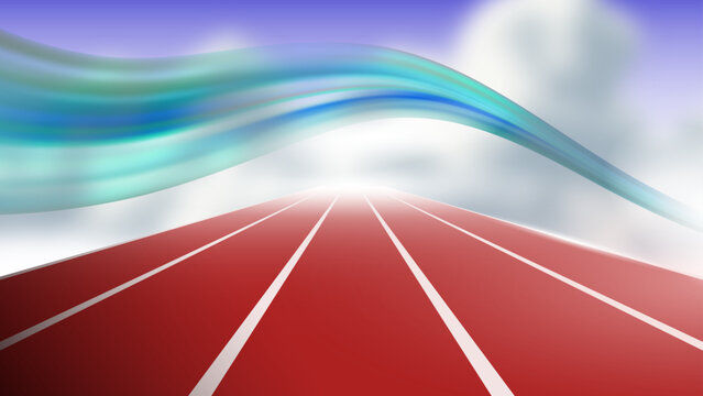 Immersive red and white line track with gradient mesh wave levitate above with blue sky background. Running track background for promotion or display purpose. Abstract modern vector background design.