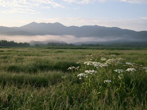Expansive Hokkaido restoration meadow with dewdrops