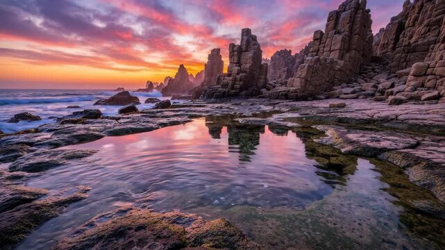 Dramatic sunset over a rugged coastline with towering sea stacks and reflective tide pools.