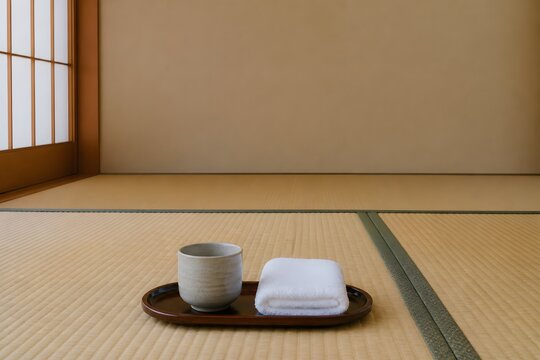 Tea cup and folded towel arranged on a tray in a tatami room
