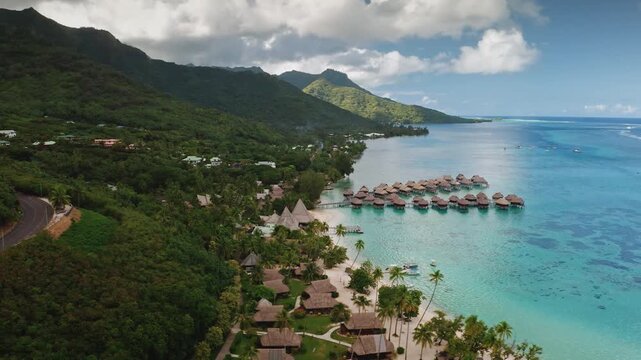 Moorea lush green mountains, curvy road slope to turquoise lagoon with luxury overwater bungalows, pristine white sand beach and palm fringed shoreline for an idyllic island escape. Aerial drone shot