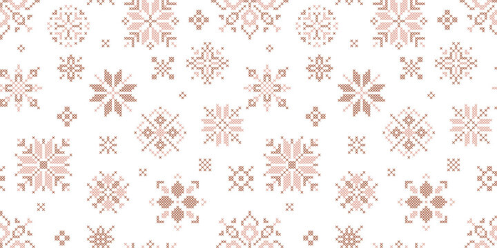 Scandinavian cross stitch snowflake seamless pattern, geometric embroidered winter holiday vector illustration cozy Christmas packaging, greeting cards, and fabric printing