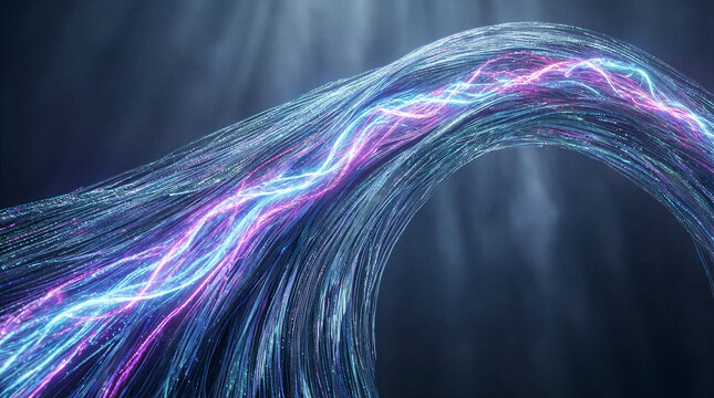 Plasma arc fiber optics flowing through space in a luminous architectural curve representing advanced technology and high speed data connectivity