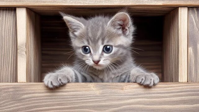 Adorable grey tabby kitten with big blue eyes peeking from a wooden box.