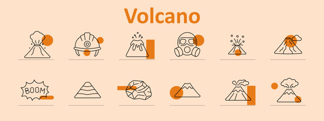 Volcano set icon. Smoking peak, safety helmet, erupting cone, gas mask, particle burst, lava flow, boom explosion, layered cone, volcanic rock, simple, dual eruption, ash cloud. © Anastasia