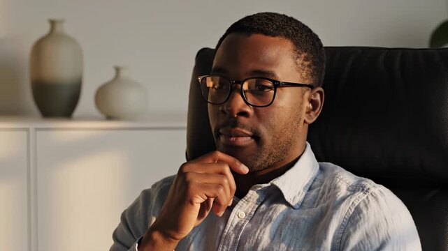 Man thinks deeply in office chair wearing glasses and shirt. Professional contemplates while thinking at workplace. Man touches chin thinking in chair. Office worker contemplates decision calmly.