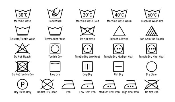 Laundry care instruction line icon set with washing ironing drying and cleaning symbols