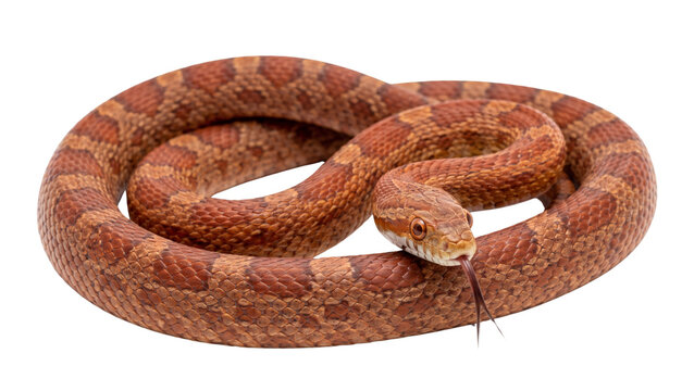 Corn snake crawling with tongue out red orange pattern skin isolated for pet shop commercial design and reptile hobbyist wildlife educational reference materials