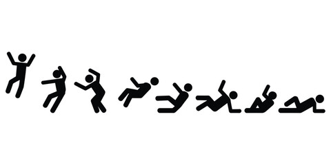 Obraz premium A sequence of black stick figure depicting a person falling down, showing the progression of the motion from standing to landing on the ground on white background
