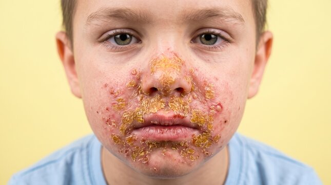 Portrait of a young boy suffering from severe impetigo bacterial infection with yellow crusty scabs on face