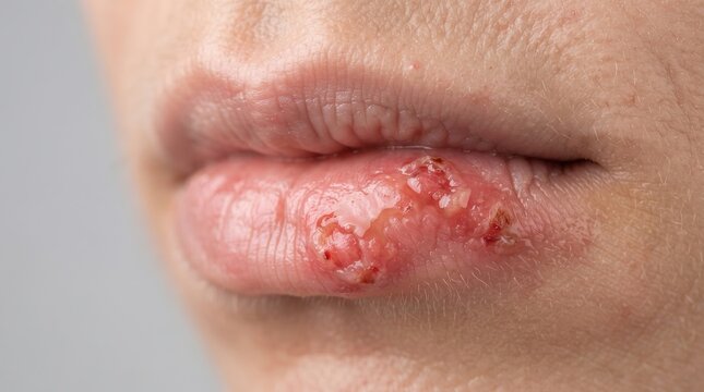 Macro close up of severe herpes simplex virus, cold sores, or angular cheilitis blisters on human lips