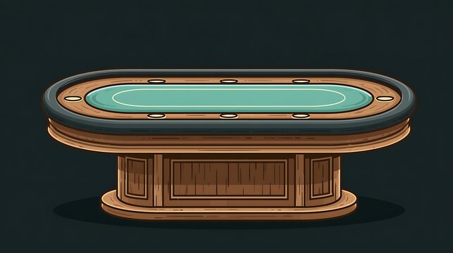 Illustration of a wooden poker table with green felt isolated on dark background. Classic casino furniture for gambling games and tournament design elements.
