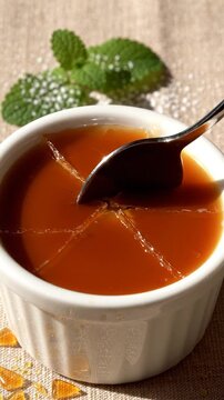 Creme caramel dessert in white ramekin with cracked caramel sauce topping and spoon mint leaf garnish closeup food photography
