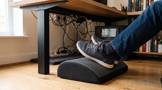 Person resting feet on ergonomic footrest under a wooden desk with messy cables