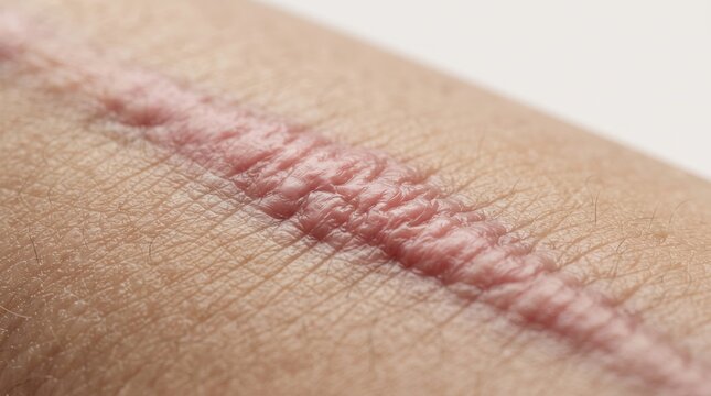 Macro close up of a raised, pink hypertrophic scar or keloid tissue on human skin after surgery or injury