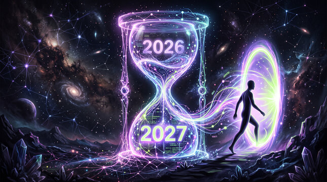 Futuristic 2027 Transition Concept with Digital Neural Hourglass and Human Silhouette