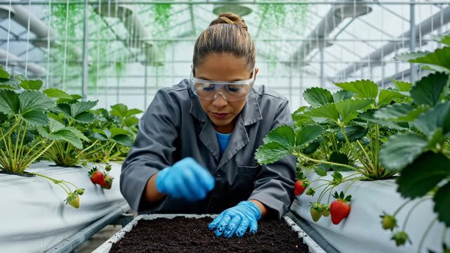 Woman scientist examines soil in greenhouse with strawberry plants. Researcher inspects soil and strawberry plants in greenhouse. Woman touches soil near strawberry plants. Scientist works with soil