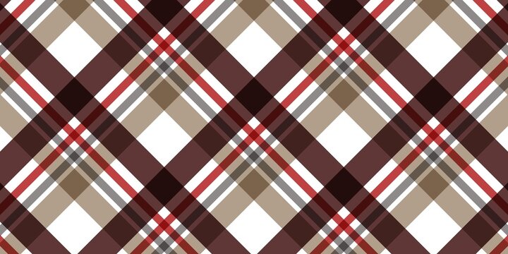 Seamless diagonal tartan plaid pattern with brown, beige, red, grey, and white stripes. Classic lumberjack check texture for fabric, textile, wallpaper, and background design