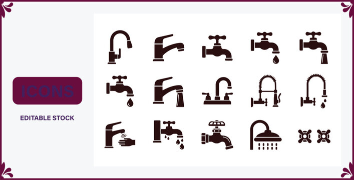 Set of black water taps and faucets vector icons on white background with plumbing