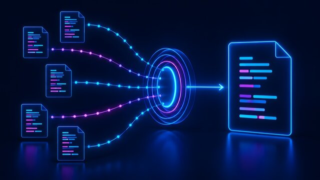 Document consolidation concept multiple glowing digital files merging into central portal creating single comprehensive data report