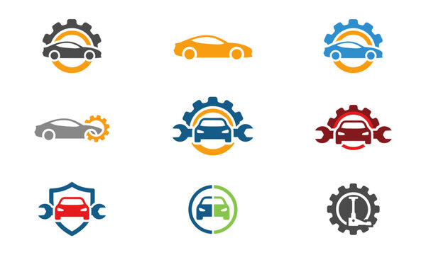 Collection of car service and repair logos with gears and tools automobile icon