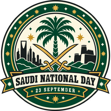 Saudi National Day September 23 Badge with Palm Tree and Crossed Swords