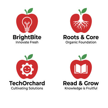 A collection of four apple-themed logos illustrating innovation, roots, technology, and knowledge, representing growth and fresh ideas in a clean design style.