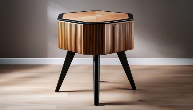 Modern Wooden Stool With Hexagonal Top And Black Legs
