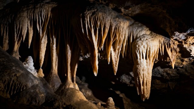 Stalactites hanging from cave ceiling in dimly lit underground formation