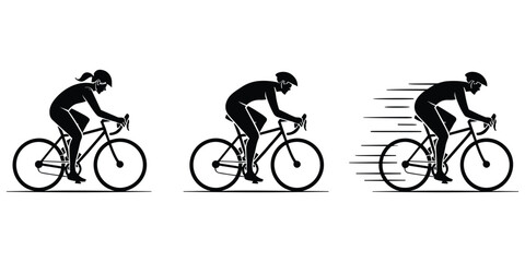 Fototapeta premium Three black silhouette showing a cyclist on a road bike in different stages of riding, including motion lines to represent speed, isolated on white background