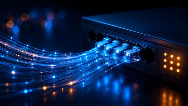 Fiber optic network cables connected to glowing switch representing high speed internet and digital communication infrastructure
