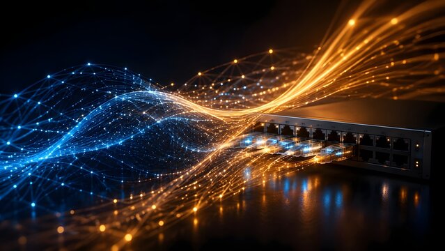 Data center network switch connected with glowing abstract fiber optic digital waves symbolizing high speed cloud computing, server infrastructure and cyber internet connection