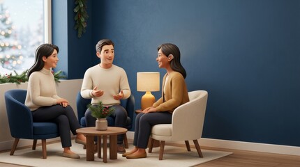 Fototapeta premium Holiday,Gatherings,Celebrations Cozy gathering of friends chatting in a modern living room with festive decor.