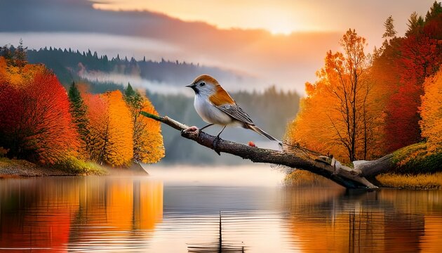 Small Bird On Branch By Water With Autumn Trees And Misty Sky