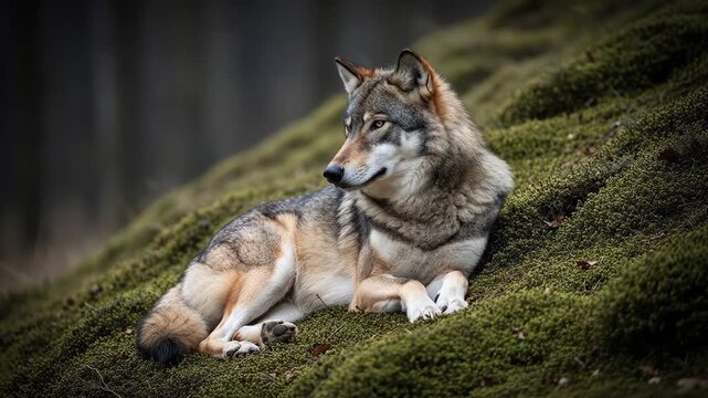 A majestic gray wolf rests calmly on a mossy forest floor, looking alert.