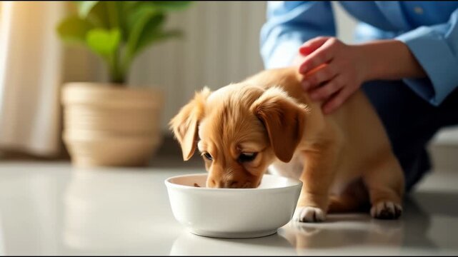 A person feeding a dog from a bowl