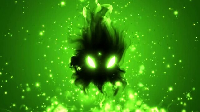 Ethereal green ghostly spirit with glowing eyes and floating particles dark fantasy abstract background
