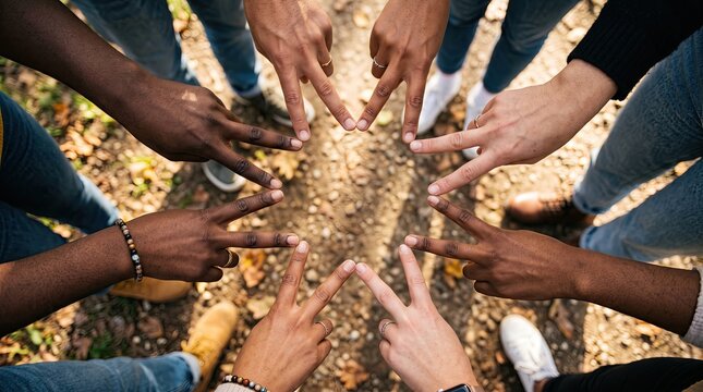 Group of diverse people making a star shape with their fingers, diversity