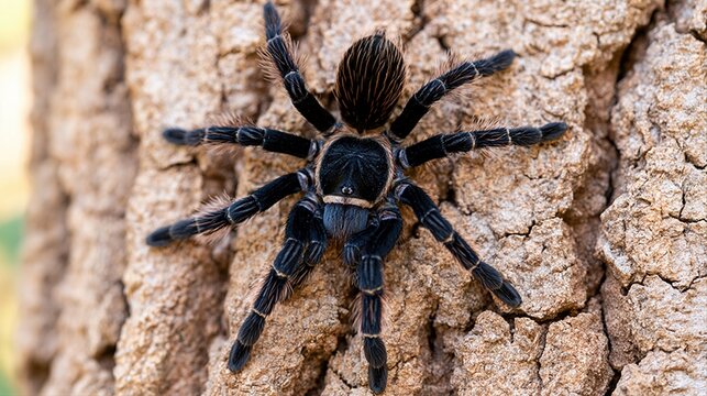 Black Tarantula Spider Sitting on Tree Trunk