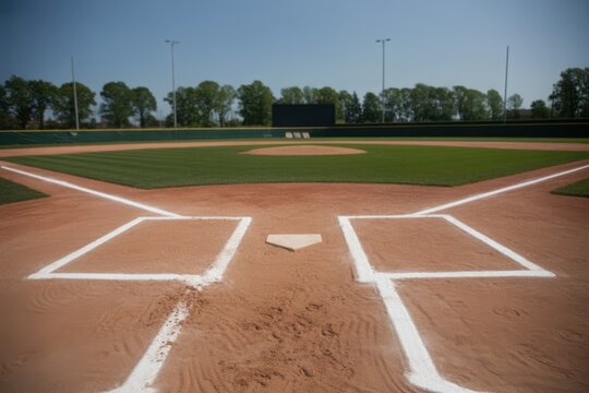 Empty professional baseball field from home plate view with pitcher's mound and outfield under a blue sky