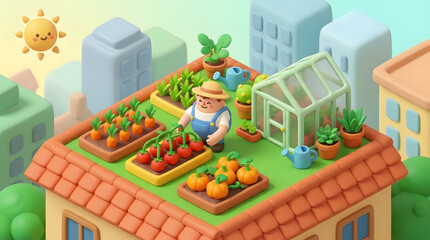 Naklejka premium Isometric rooftop garden illustration.