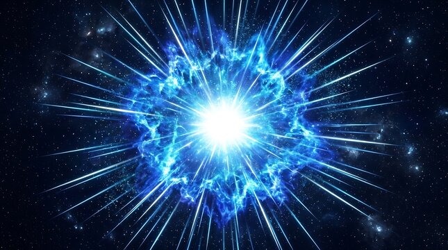 Vibrant blue energy explosion in deep space with radiant light rays and cosmic particles.