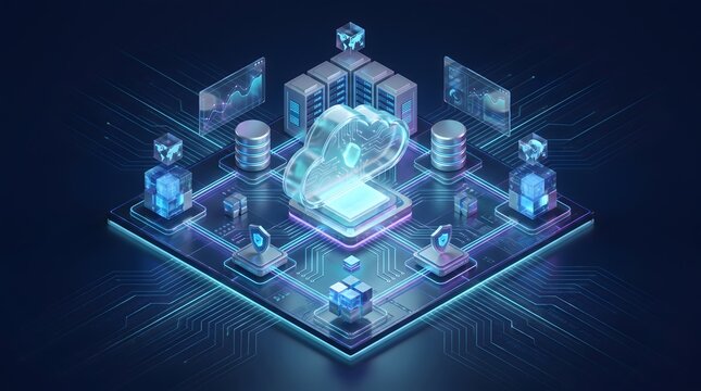 Isometric cloud computing infrastructure diagram displaying secure data storage and global network server architecture.