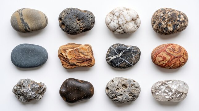 Collection of various natural river rocks and stones on white background