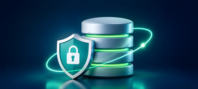 Secure Cloud Database Storage with Glowing Security Shield Padlock 3D Concept