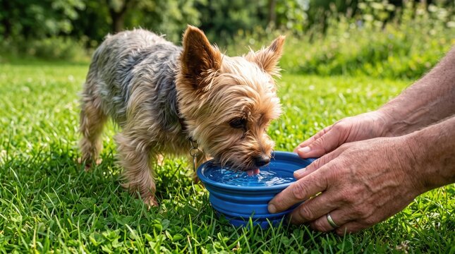 Small dog drinking water from blue collapsible bowl with drinking, hydration